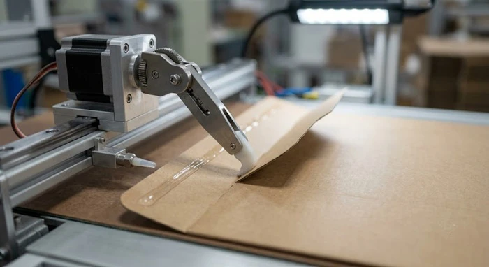 close-up of a servo-driven folding arm engaging a rigid paperboard blank, with a clean glue bead visible on the flap edge