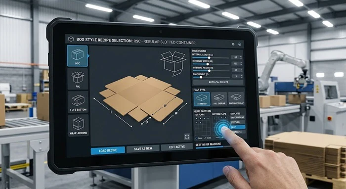 touchscreen interface showing a box style recipe selection screen with parameters for dimensions, flap type, and glue pattern
